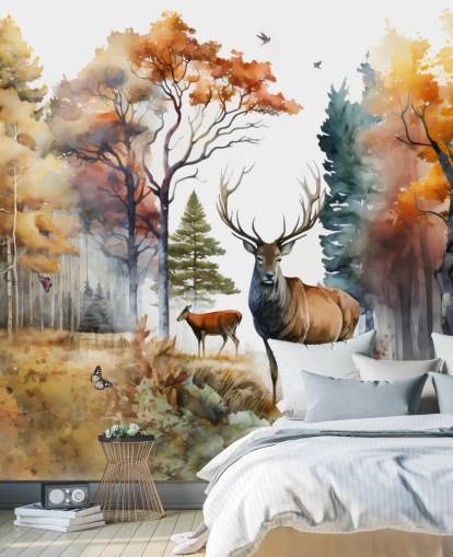papier peint de forêt marron et vert avec cerfs pour chambre