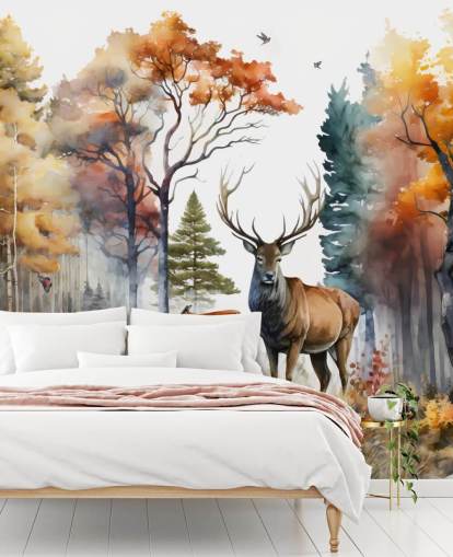 papel pintado de bosque marrón y verde con ciervos para dormitorio