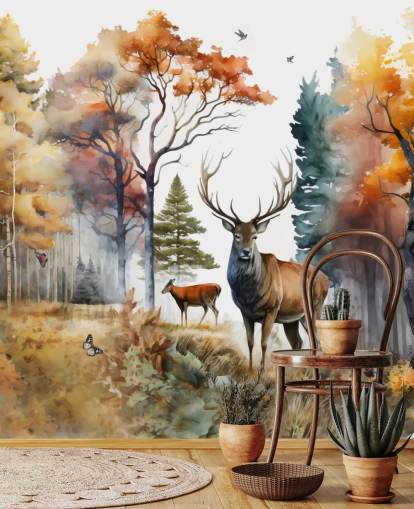 brown and green forest wallpaper with stags for bedroom