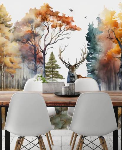 brown and green forest wallpaper with stags for bedroom
