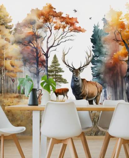 brown and green forest wallpaper with stags for bedroom