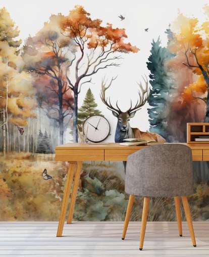 papier peint de forêt marron et vert avec cerfs pour chambre papier peint de forêt marron et vert avec cerfs pour chambre