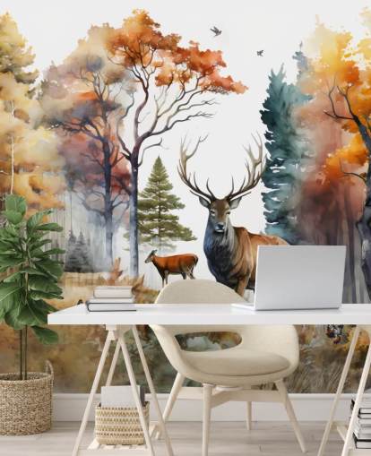 papier peint de forêt marron et vert avec cerfs pour chambre papier peint de forêt marron et vert avec cerfs pour chambre