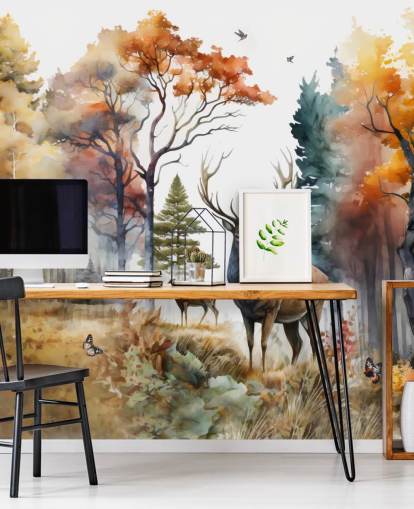 papier peint de forêt marron et vert avec cerfs pour chambre papier peint de forêt marron et vert avec cerfs pour chambre