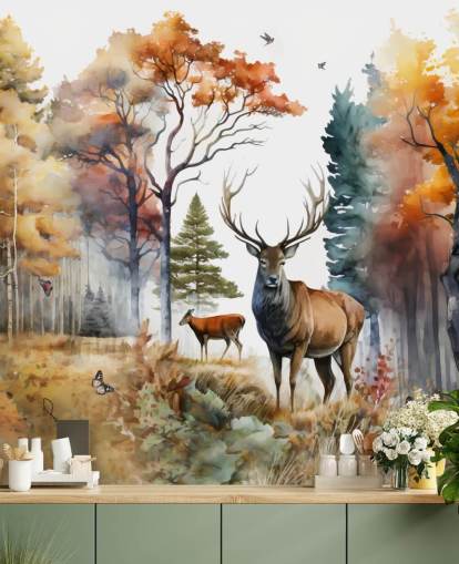 brown and green forest wallpaper with stags for bedroom