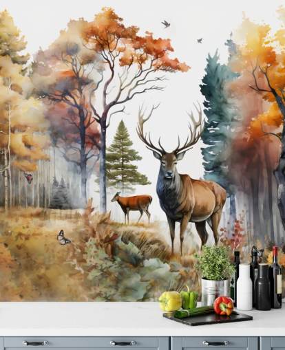 papel pintado de bosque marrón y verde con ciervos para dormitorio