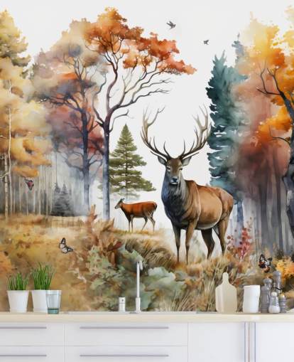 papel pintado de bosque marrón y verde con ciervos para dormitorio