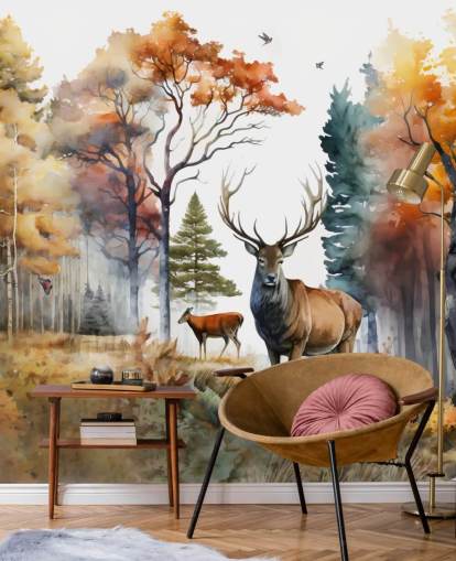 braune und grüne Waldtapete mit Hirschen für Schlafzimmer