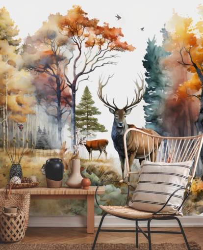 brown and green forest wallpaper with stags for bedroom