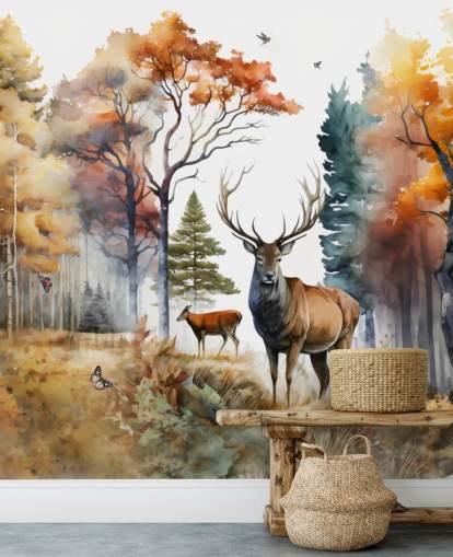 brown and green forest wallpaper with stags for bedroom