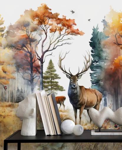 brown and green forest wallpaper with stags for bedroom