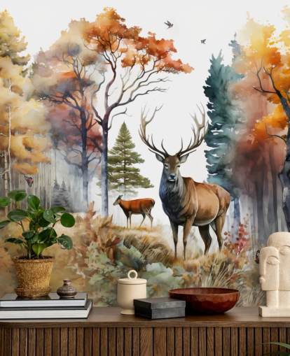 brown and green forest wallpaper with stags for bedroom