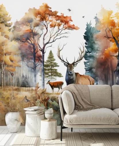 brown and green forest wallpaper with stags for bedroom