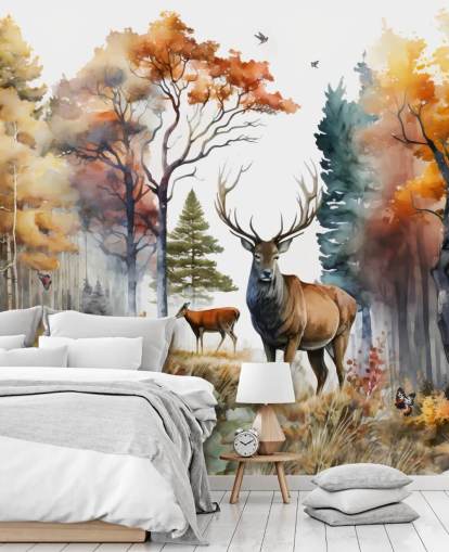 brown and green forest wallpaper with stags for bedroom
