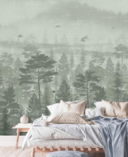 mural de papel de parede de floresta verde com pássaros para quarto