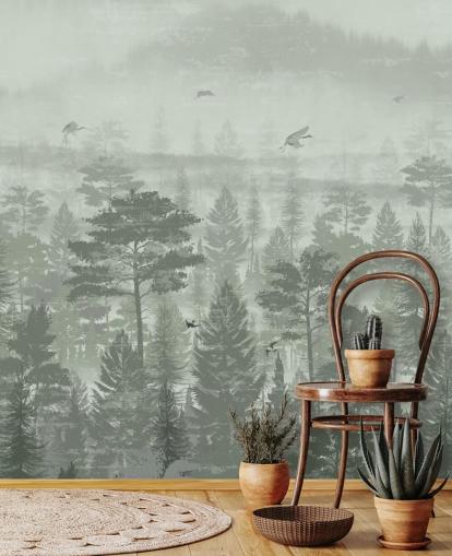 mural de papel de parede de floresta verde com pássaros para quarto mural de papel de parede de floresta verde com pássaros para quarto