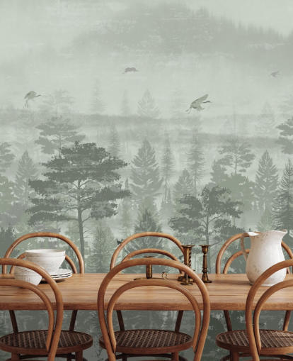 papier peint forêt verte avec oiseaux pour chambre