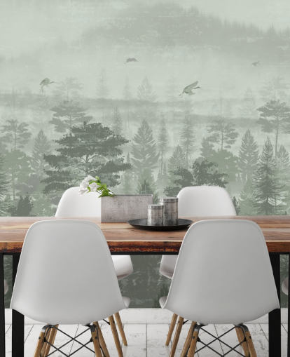 mural de papel pintado de bosque verde con pájaros para dormitorio mural de papel pintado de bosque verde con pájaros para dormitorio