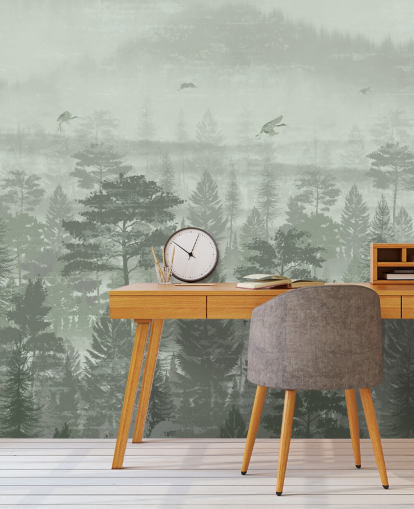 green forest wallpaper mural with birds for bedroom