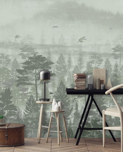 mural de papel pintado de bosque verde con pájaros para dormitorio