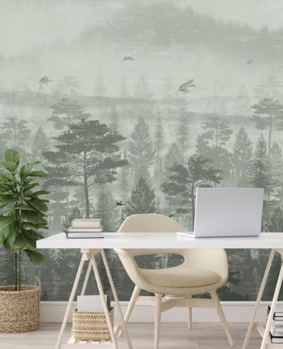 green forest wallpaper mural with birds for bedroom