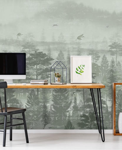 groene bosbehangmuurschildering met vogels voor de slaapkamer