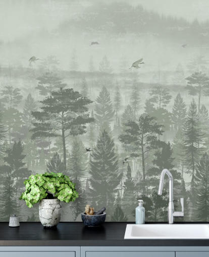 green forest wallpaper mural with birds for bedroom