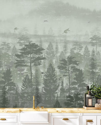 green forest wallpaper mural with birds for bedroom