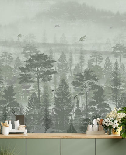 mural de papel de parede de floresta verde com pássaros para quarto mural de papel de parede de floresta verde com pássaros para quarto