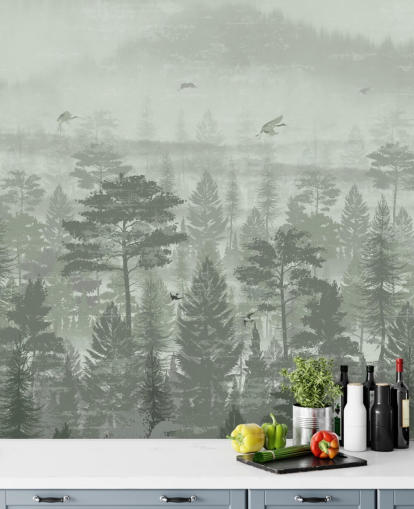 green forest wallpaper mural with birds for bedroom