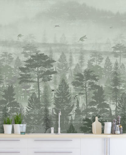 mural de papel de parede de floresta verde com pássaros para quarto