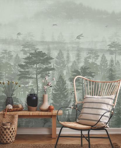green forest wallpaper mural with birds for bedroom