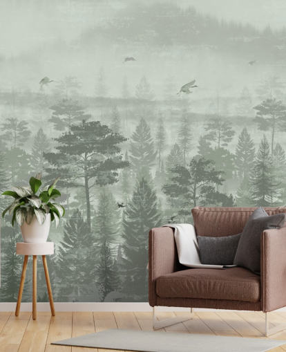 green forest wallpaper mural with birds for bedroom