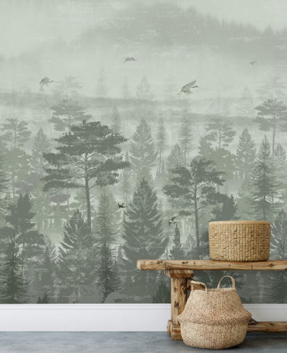 mural de papel pintado de bosque verde con pájaros para dormitorio mural de papel pintado de bosque verde con pájaros para dormitorio