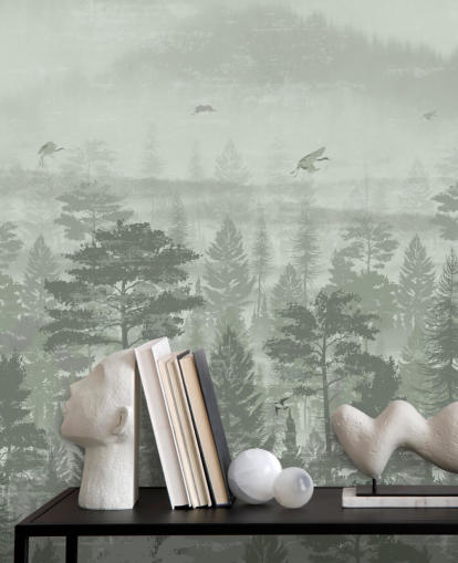 green forest wallpaper mural with birds for bedroom