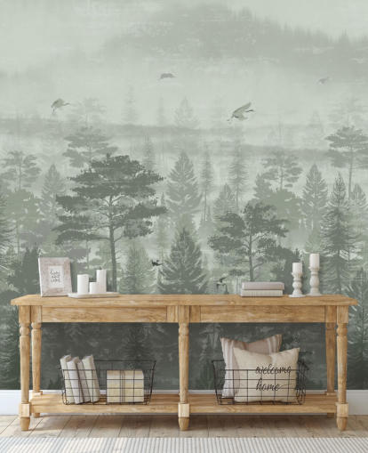 green forest wallpaper mural with birds for bedroom