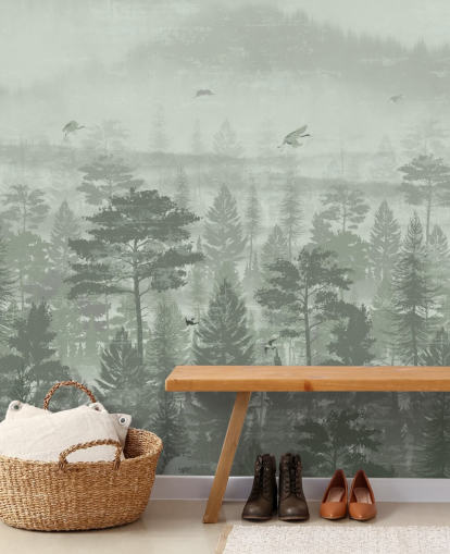 mural de papel pintado de bosque verde con pájaros para dormitorio