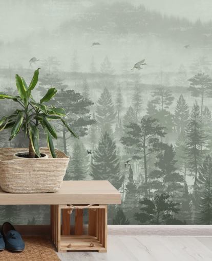 groene bosbehangmuurschildering met vogels voor de slaapkamer