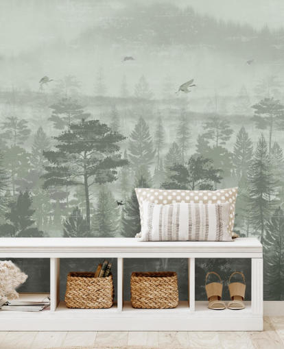 papier peint forêt verte avec oiseaux pour chambre