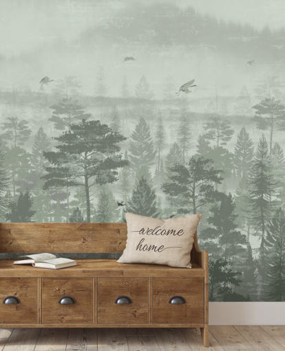 mural de papel pintado de bosque verde con pájaros para dormitorio