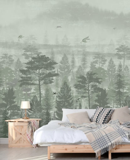 mural de papel pintado de bosque verde con pájaros para dormitorio