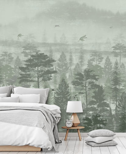 mural de papel de parede de floresta verde com pássaros para quarto