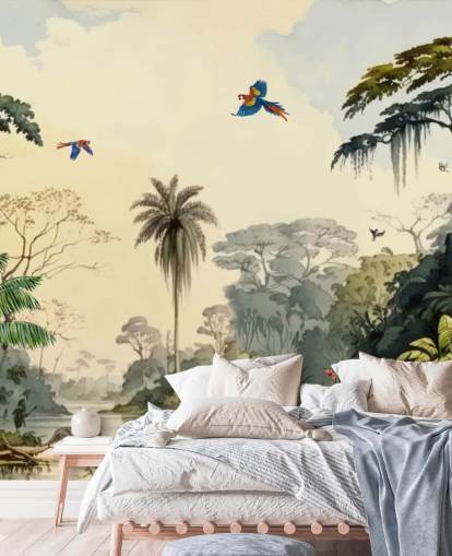 mural de papel pintado de jungla verde con pájaros para dormitorio