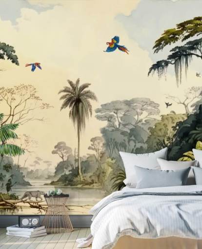 groene jungle behangmuurschildering met vogels voor de slaapkamer groene jungle behangmuurschildering met vogels voor de slaapkamer