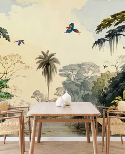 mural de papel pintado de jungla verde con pájaros para dormitorio mural de papel pintado de jungla verde con pájaros para dormitorio