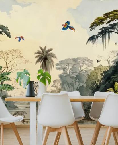 mural de papel pintado de jungla verde con pájaros para dormitorio