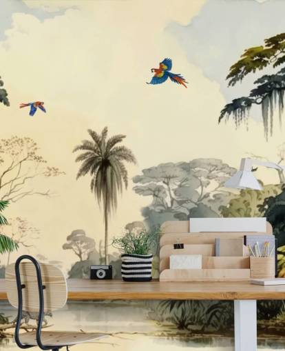 green jungle wallpaper mural with birds for bedroom