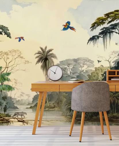 mural de papel pintado de jungla verde con pájaros para dormitorio mural de papel pintado de jungla verde con pájaros para dormitorio