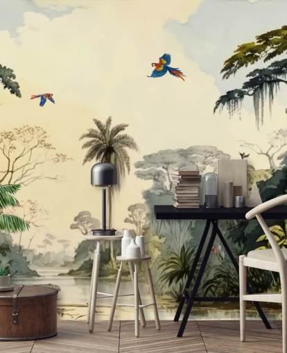 papier peint mural de la jungle verte avec des oiseaux pour chambre