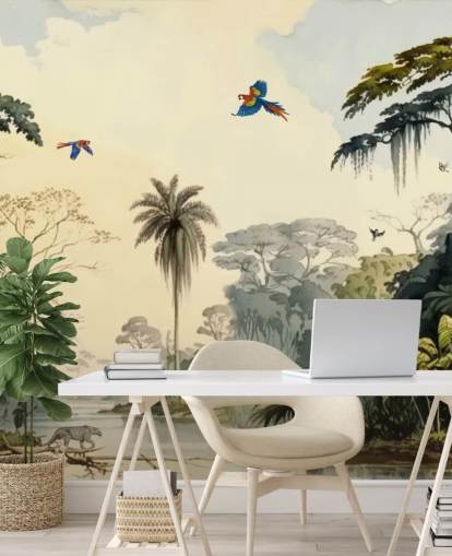 green jungle wallpaper mural with birds for bedroom